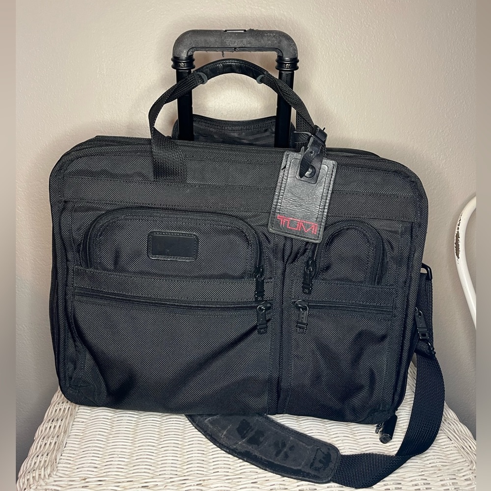 Tumi Alpha Rolling Deluxe Ballistic Nylon & Leather Briefcase on wheels w/ strap